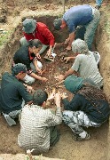 Clearing of burial of XV-XVII centuries. Dzhusulen with the ritual of the crouched burial on the side (Churapchinsky region). 2004